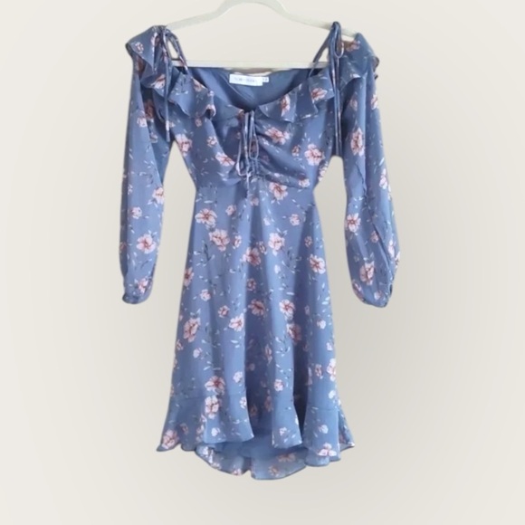 Floret Studio Floral Ruffle Mini Dress XS Blue Long Sleeve Cottagecore - Picture 1 of 10